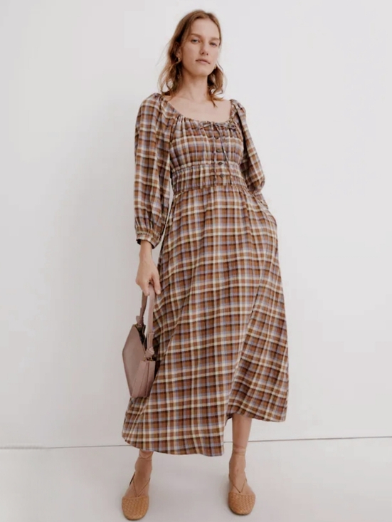 Madewell Dresses & Skirts - Madewell Gauze Sophia Midi Dress Sz S Brown Plaid Cottagecore